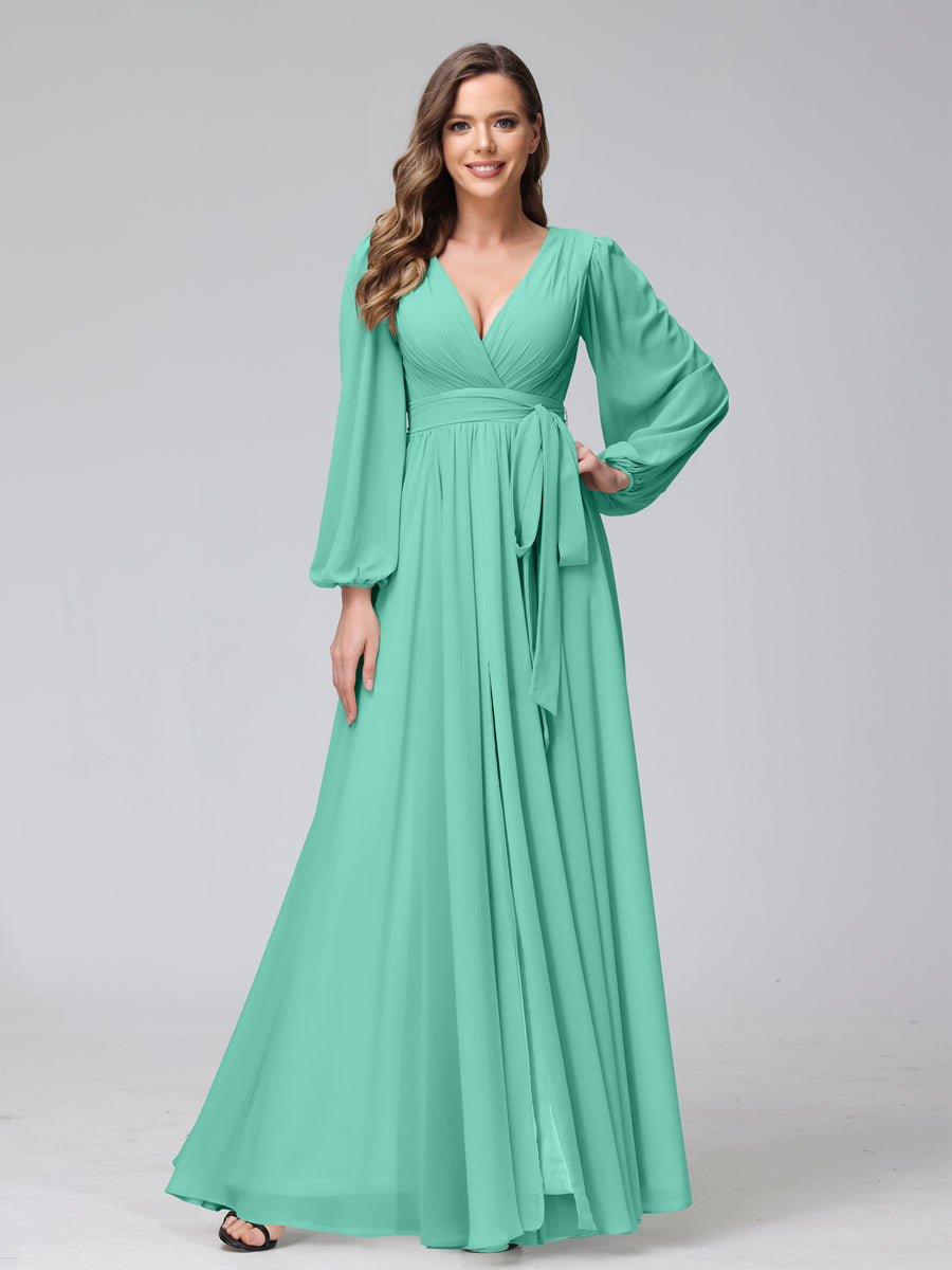 A-Line/Princess V-Neck Long Sleeves Chiffon Long Bridesmaid Dresses With Ruffles Split Side Spa A-Line/Princess V-Neck Long Sleeves Chiffon Long Bridesmaid Dresses With Ruffles Split Side Spa
