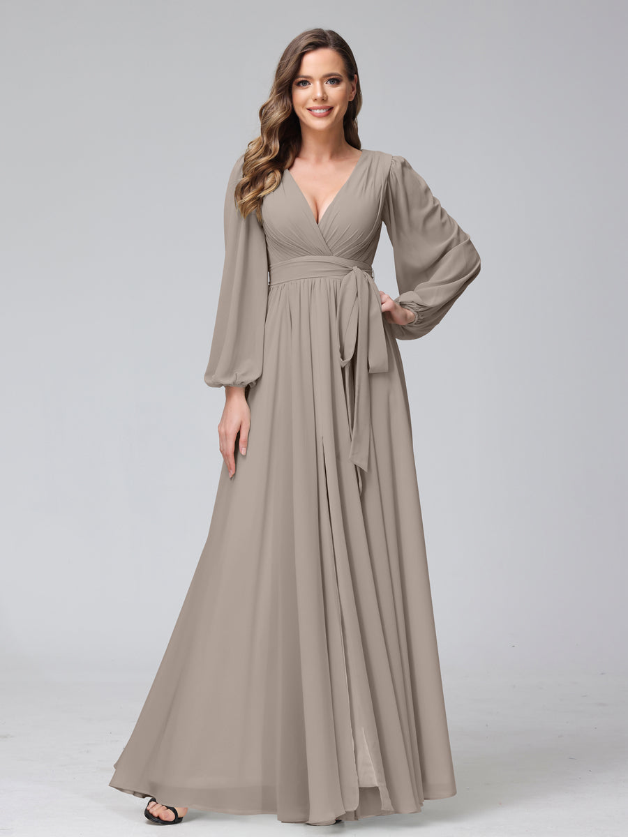 A-Line V-Neck Long Sleeves Chiffon Long Bridesmaid Dresses With Ruffles Split Side