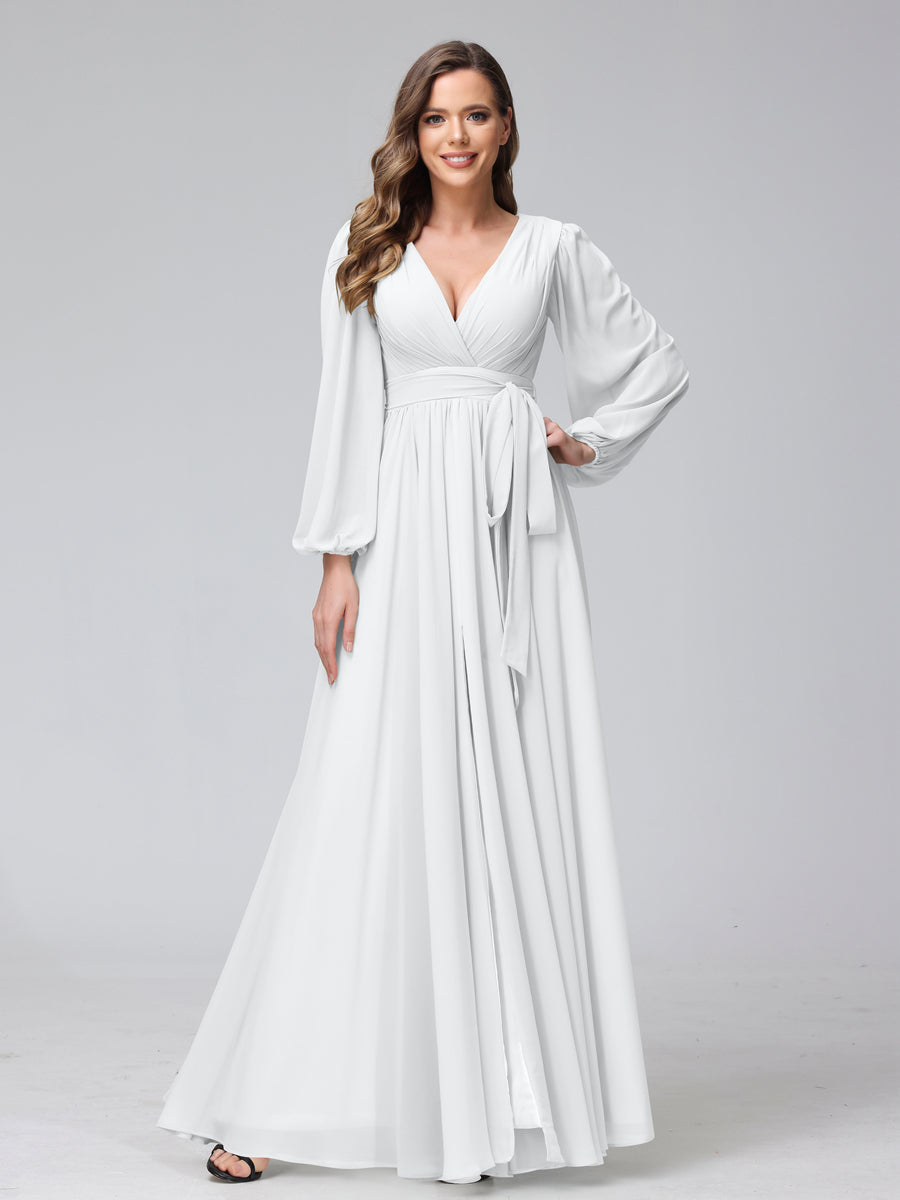 A-Line/Princess V-Neck Long Sleeves Chiffon Long Bridesmaid Dresses With Ruffles Split Side White