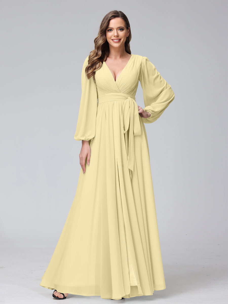 A-Line/Princess V-Neck Long Sleeves Chiffon Long Bridesmaid Dresses With Ruffles Split Side Yellow A-Line/Princess V-Neck Long Sleeves Chiffon Long Bridesmaid Dresses With Ruffles Split Side Yellow