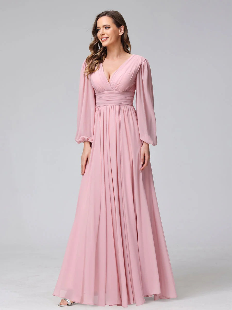 A-Line/Princess V-Neck Long Sleeves Floor-Length Bridemaid Dresses With Split Side & Pockets