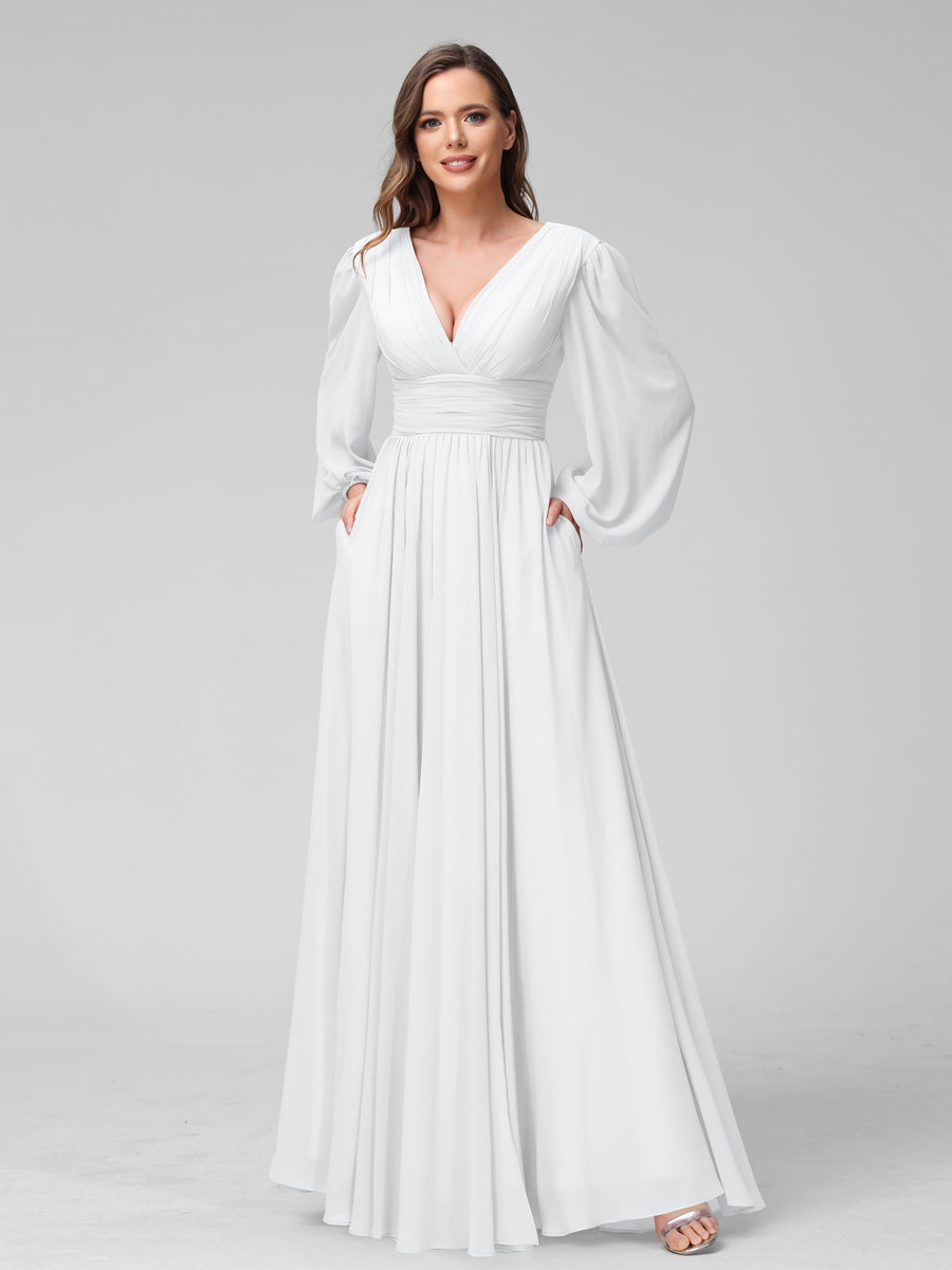 A-Line/Princess V-Neck Long Sleeves Floor-Length Bridemaid Dresses With Split Side & Pockets