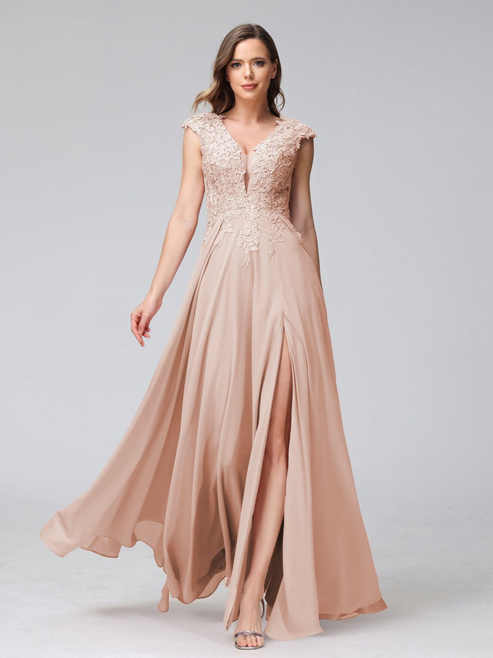 A-Line/Princess V-Neck Sleeveless Chiffon LongBridemaid Dresses With Applique Split Side