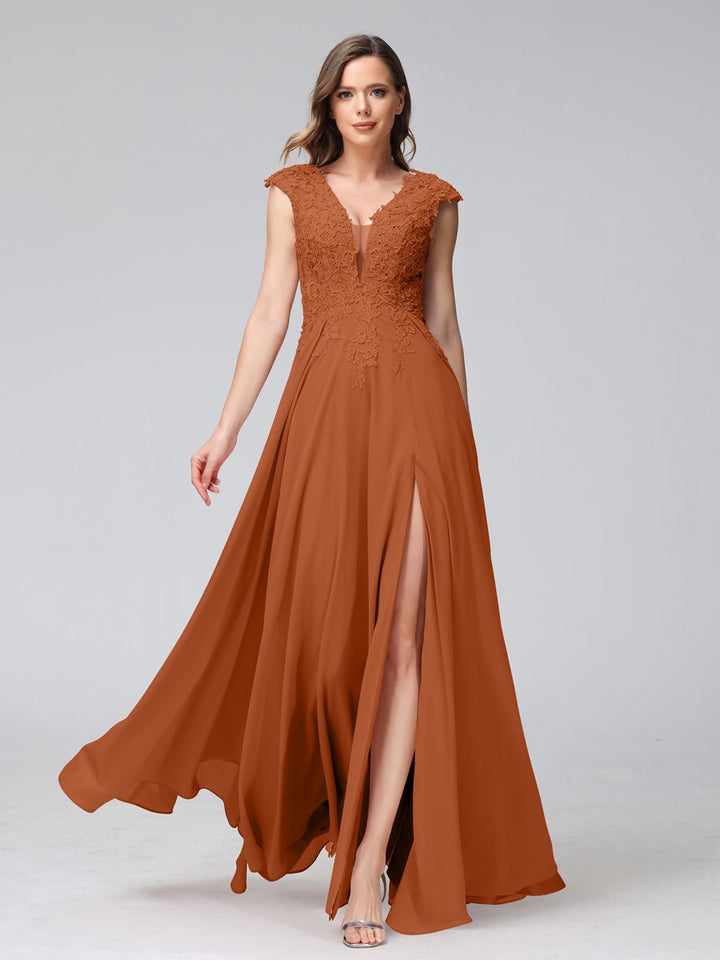 A-Line/Princess V-Neck Sleeveless Chiffon LongBridemaid Dresses With Applique Split Side