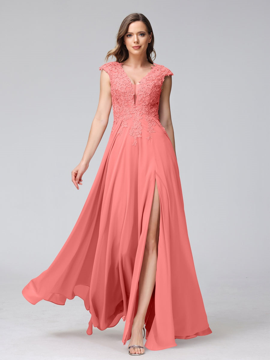 A-Line/Princess V-Neck Sleeveless Chiffon LongBridemaid Dresses With Applique Split Side