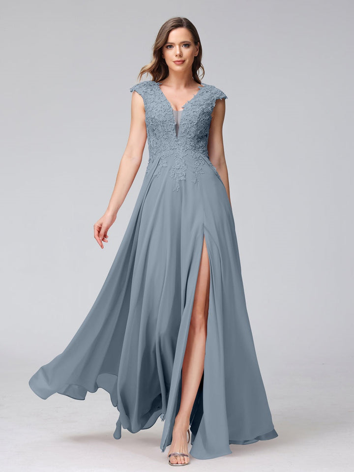 A-Line/Princess V-Neck Sleeveless Chiffon LongBridemaid Dresses With Applique Split Side