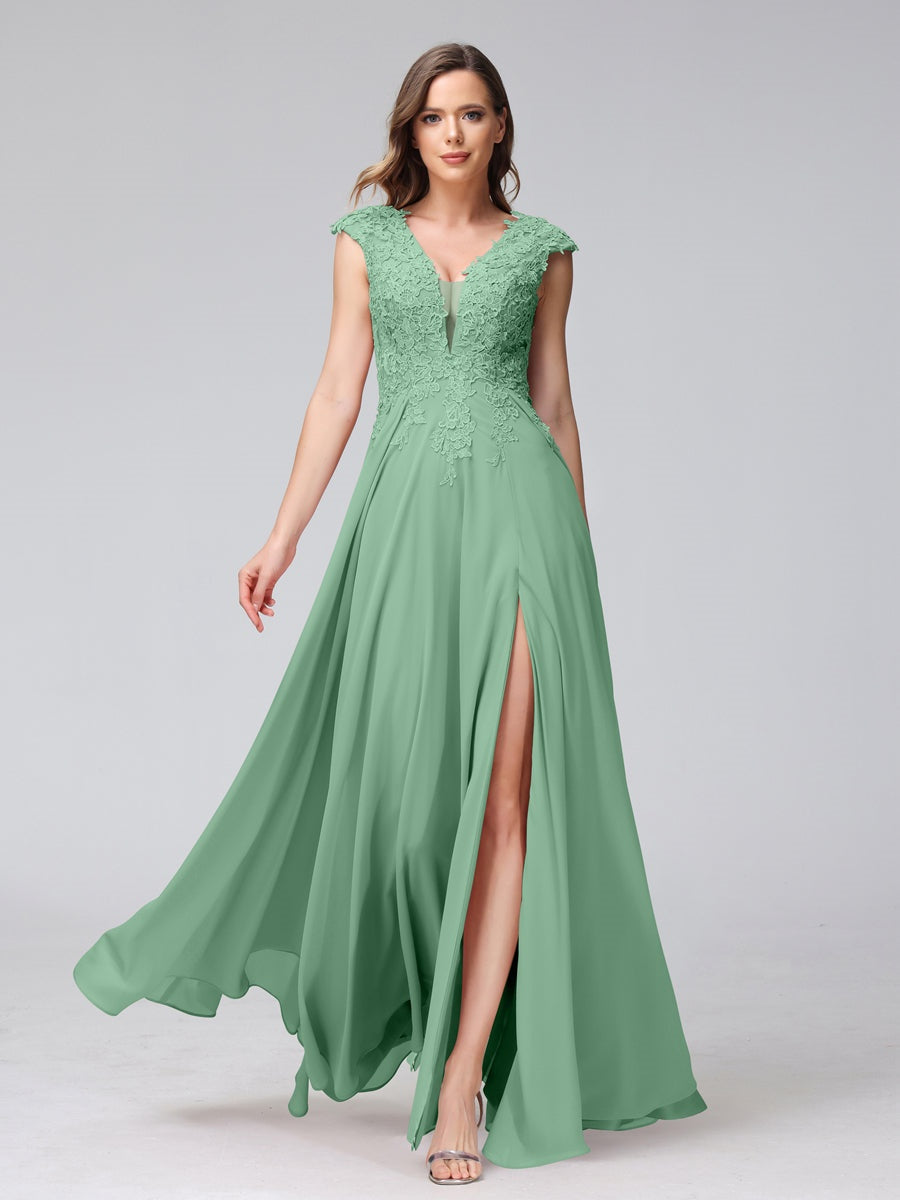 A-Line/Princess V-Neck Sleeveless Chiffon LongBridemaid Dresses With A - Mondressy A-Line/Princess V-Neck Sleeveless Chiffon LongBridemaid Dresses With A - Mondressy