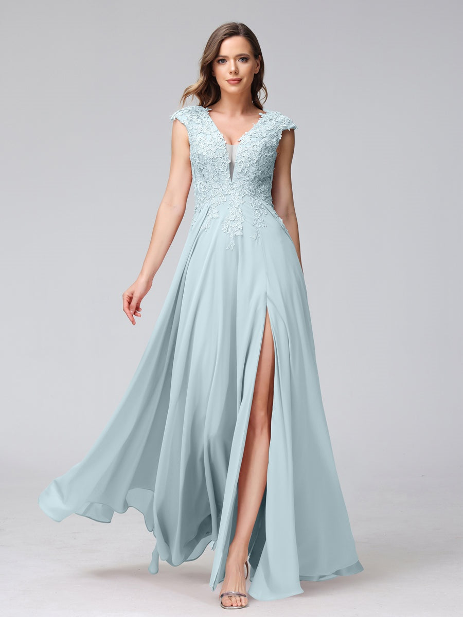 A-Line/Princess V-Neck Sleeveless Chiffon LongBridemaid Dresses With Applique Split Side