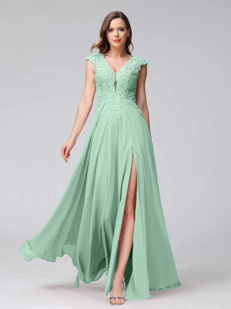 A-Line/Princess V-Neck Sleeveless Chiffon LongBridemaid Dresses With Applique Split Side