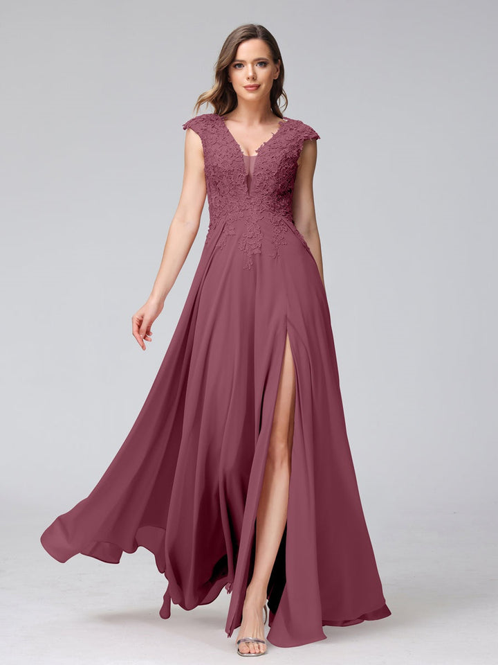 A-Line/Princess V-Neck Sleeveless Chiffon LongBridemaid Dresses With Applique Split Side