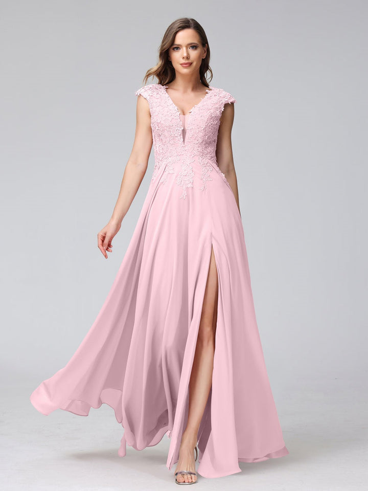 A-Line/Princess V-Neck Sleeveless Chiffon LongBridemaid Dresses With Applique Split Side