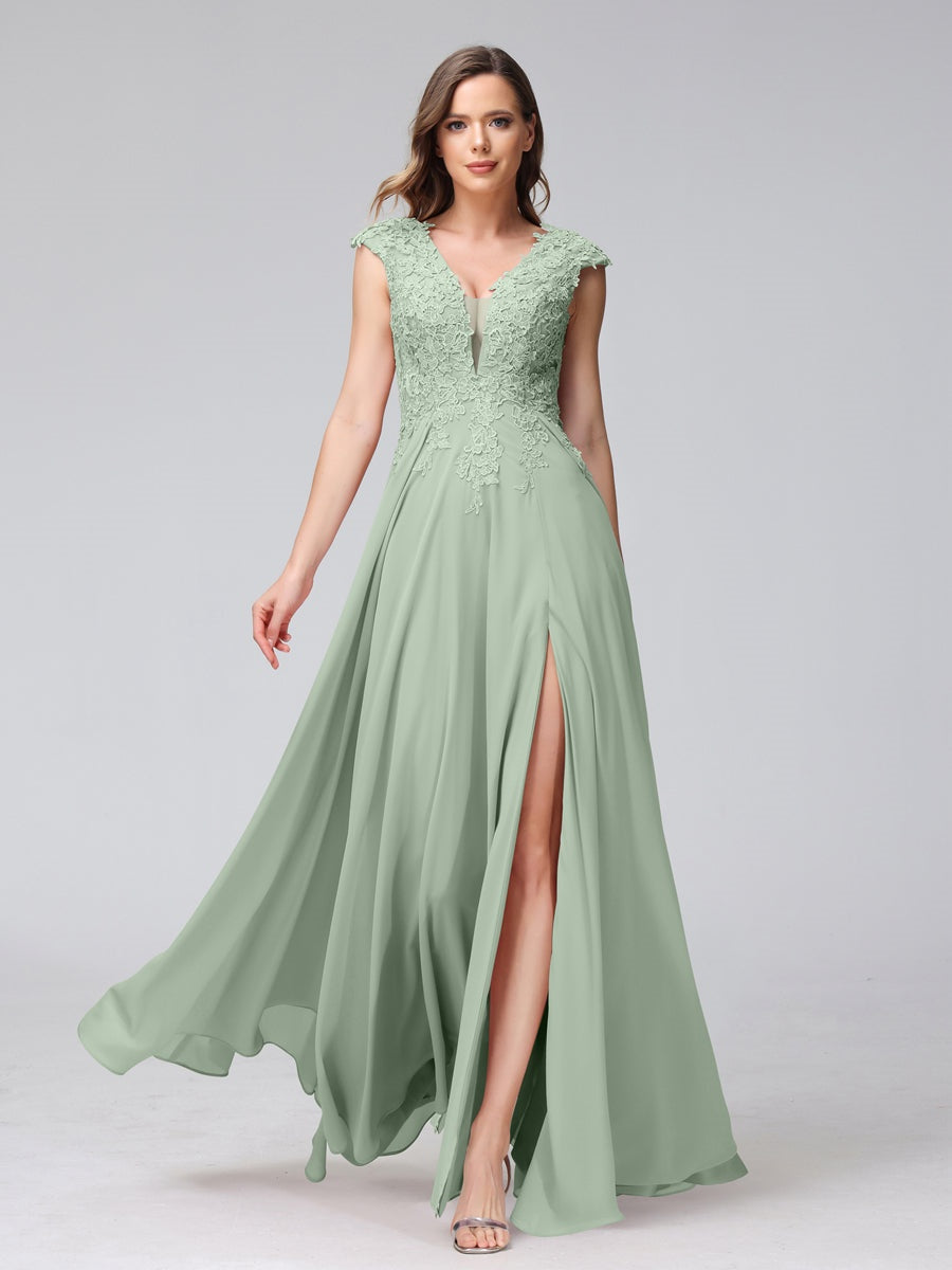 A-Line/Princess V-Neck Sleeveless Chiffon LongBridemaid Dresses With Applique Split Side