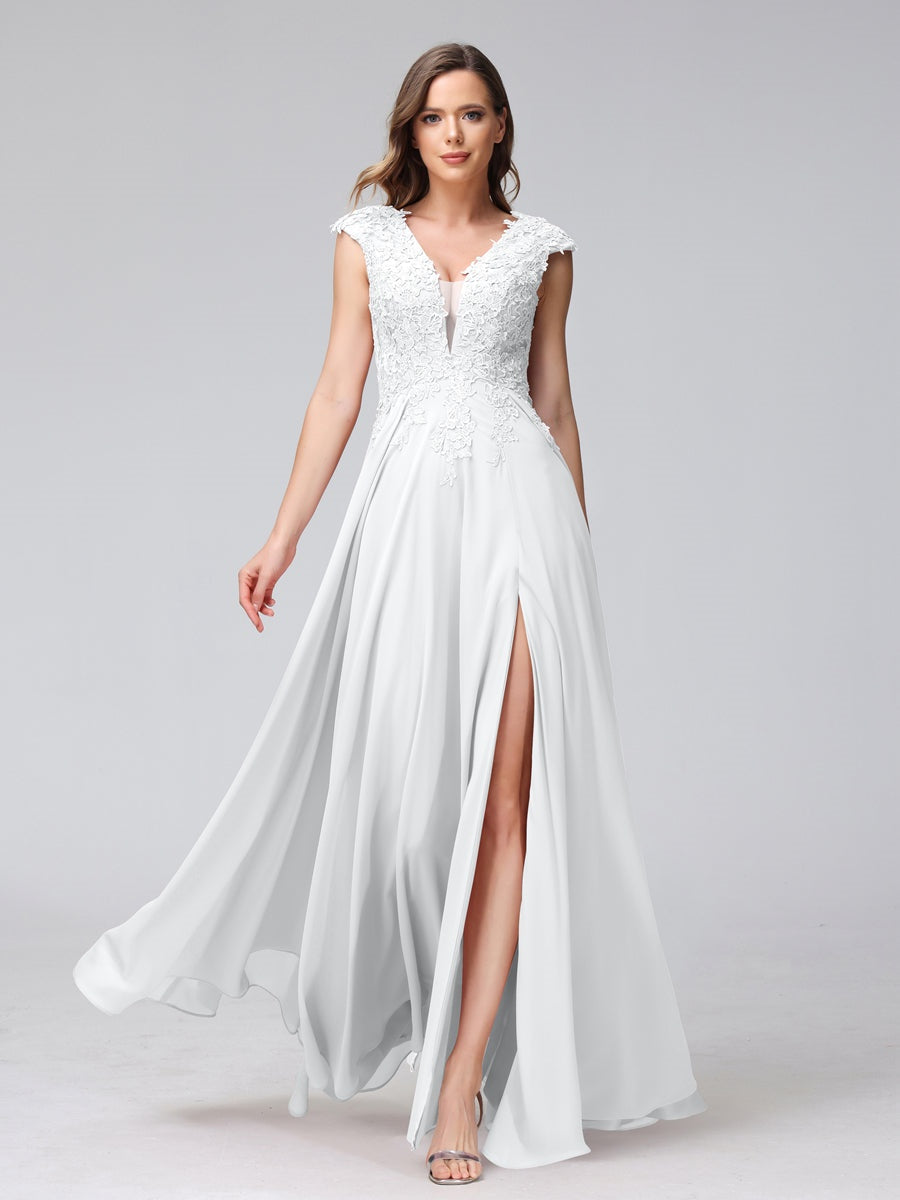 A-Line/Princess V-Neck Sleeveless Chiffon LongBridemaid Dresses With Applique Split Side