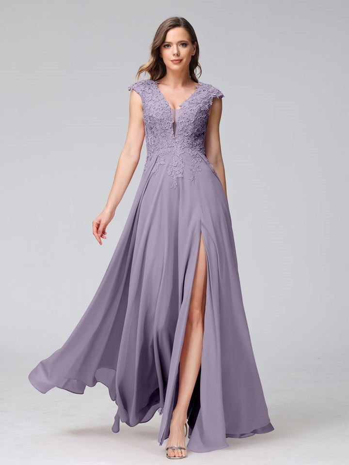 A-Line/Princess V-Neck Sleeveless Chiffon LongBridemaid Dresses With Applique Split Side