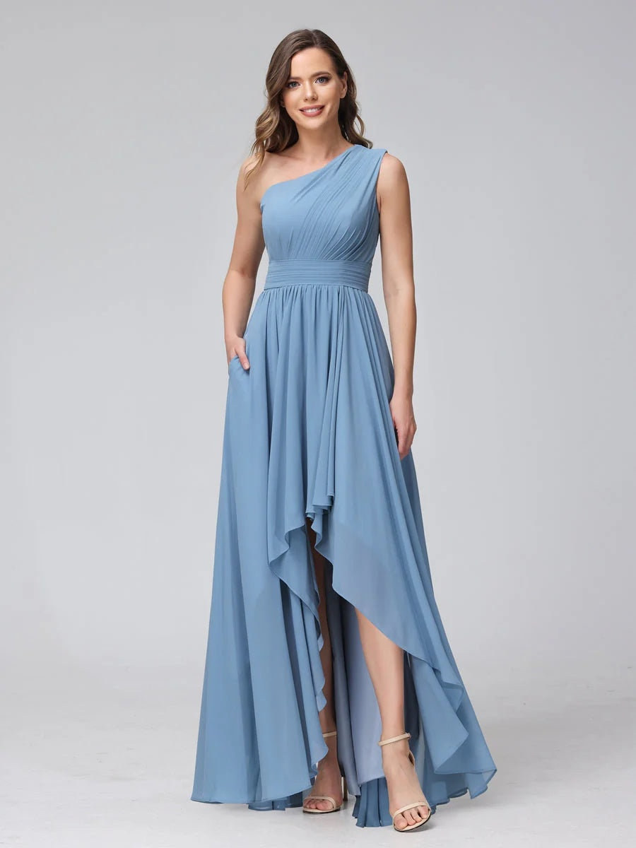 A-Line/Princess One-Shoulder Sleeveless Asymmetrical Bridemaid Dresses with Pockets