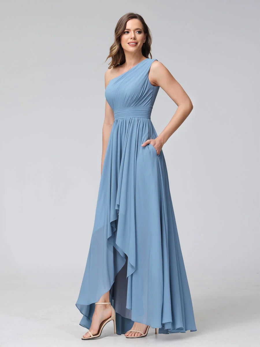 A-Line/Princess One-Shoulder Sleeveless Asymmetrical Bridemaid Dresses with Pockets