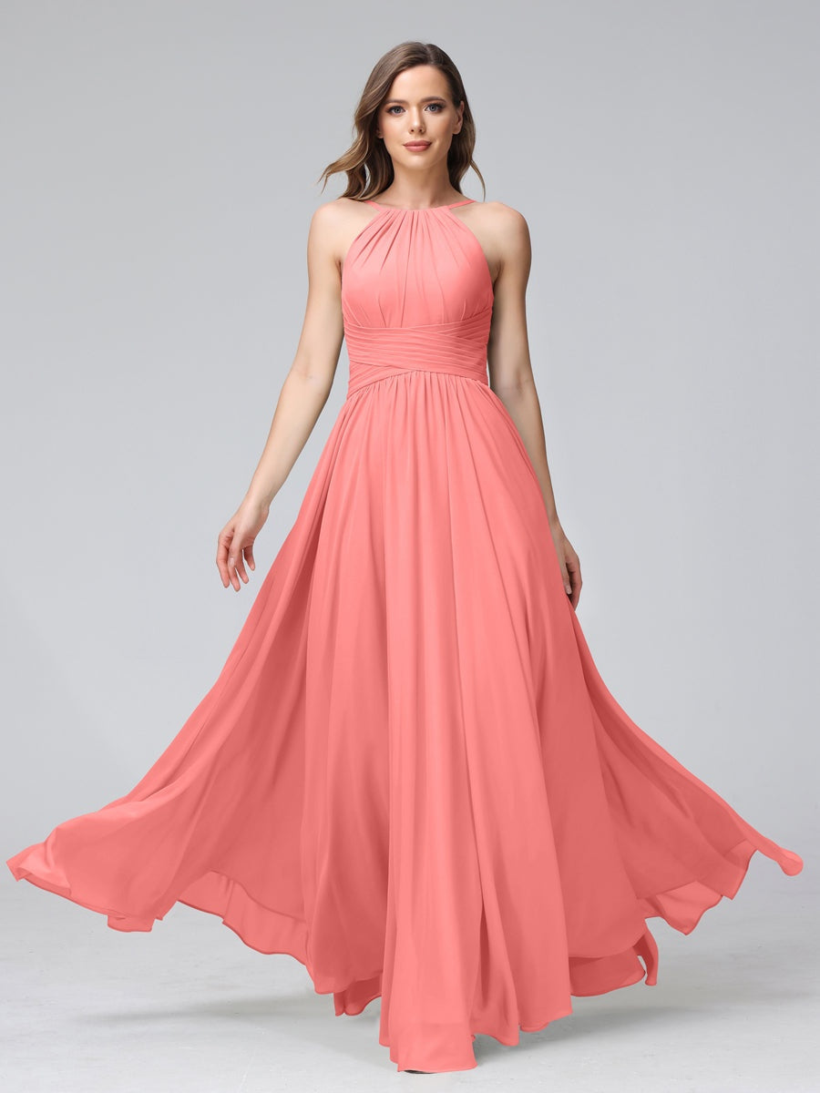 A-Line/Princess Halter Sleeveless Floor-Length Bridemaid Dresses with Ruffles