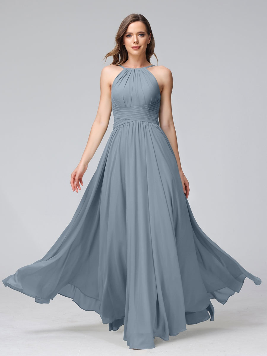 A-Line/Princess Halter Sleeveless Floor-Length Bridemaid Dresses with Ruffles