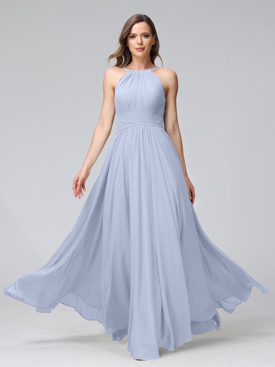 A-Line/Princess Halter Sleeveless Floor-Length Bridemaid Dresses with Ruffles