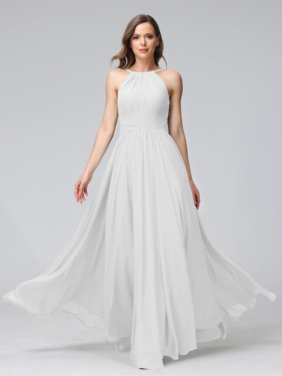 A-Line/Princess Halter Sleeveless Floor-Length Bridemaid Dresses with Ruffles