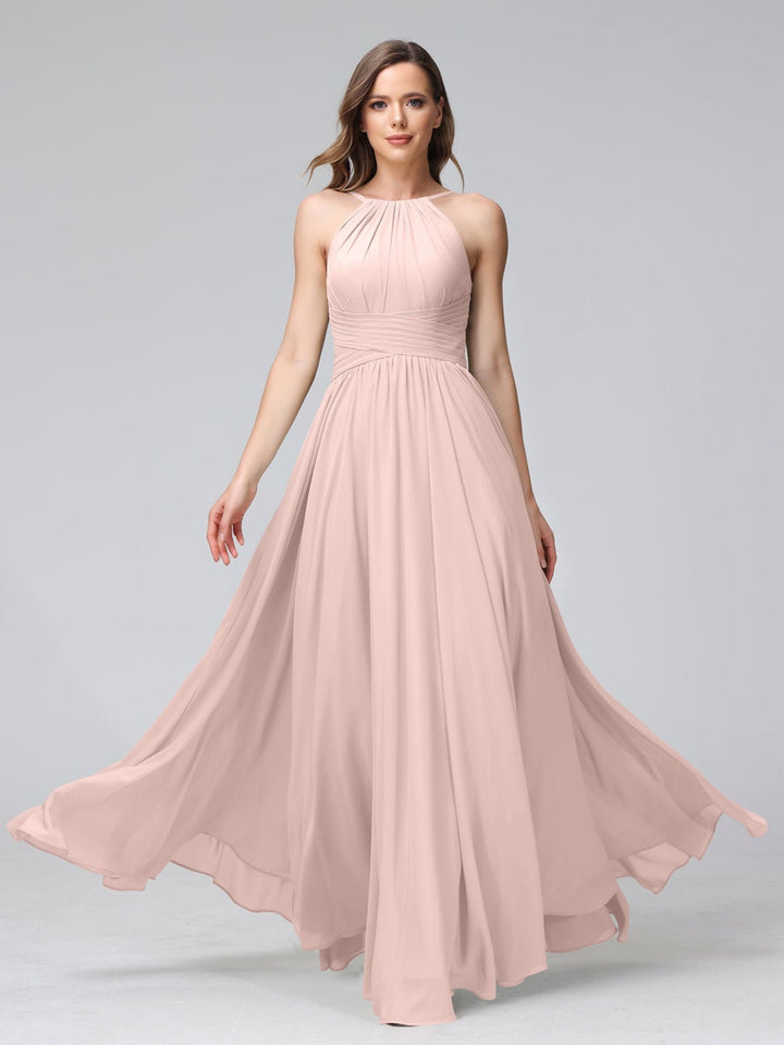 A-Line/Princess Halter Sleeveless Floor-Length Bridemaid Dresses with Ruffles