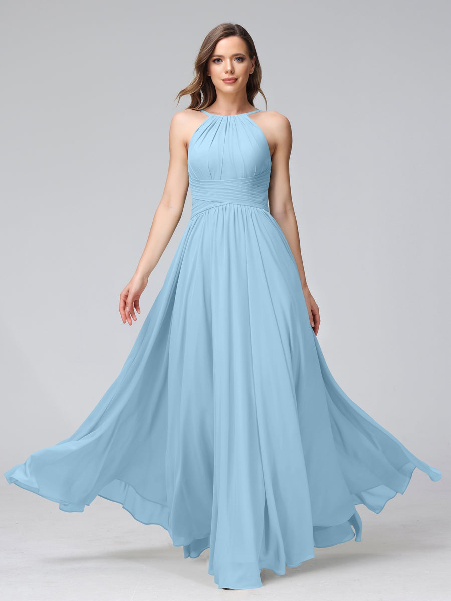 A-Line/Princess Halter Sleeveless Floor-Length Bridemaid Dresses with Ruffles