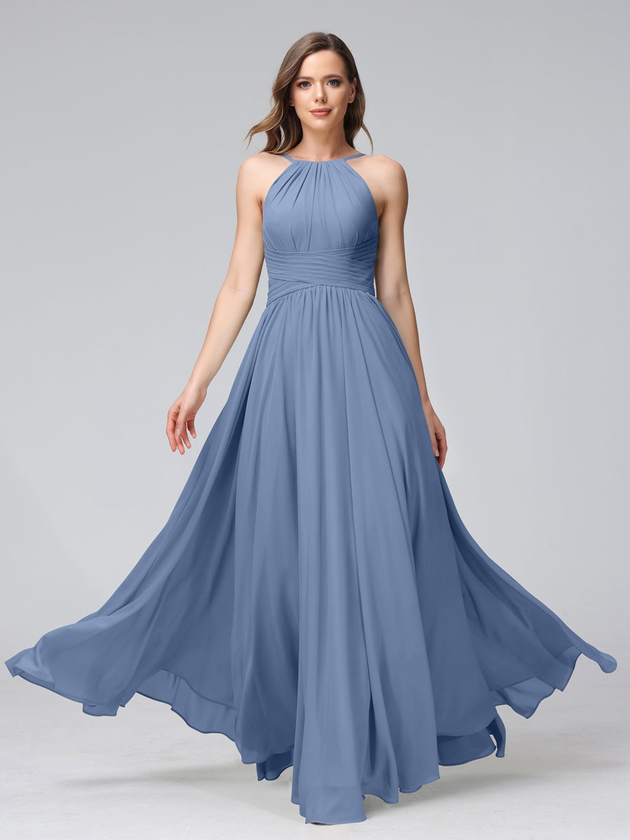 A-Line/Princess Halter Sleeveless Floor-Length Bridemaid Dresses with Ruffles