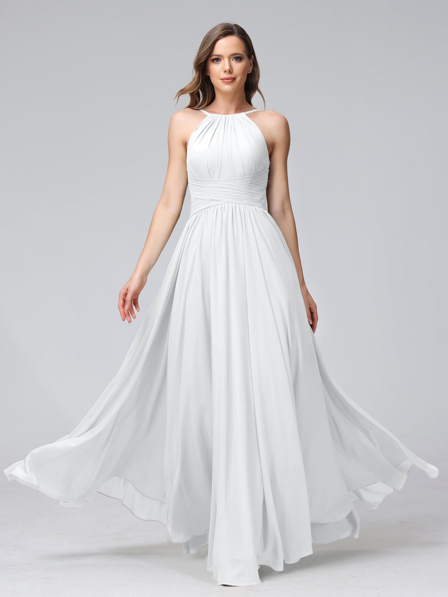 A-Line/Princess Halter Sleeveless Floor-Length Bridemaid Dresses with Ruffles