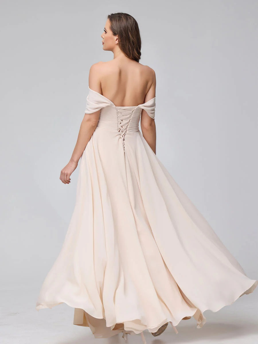 A-Line/Princess Off-the-Shoulder Sleeveless Floor-Length Bridemaid Dresses with Split Side & Ruched