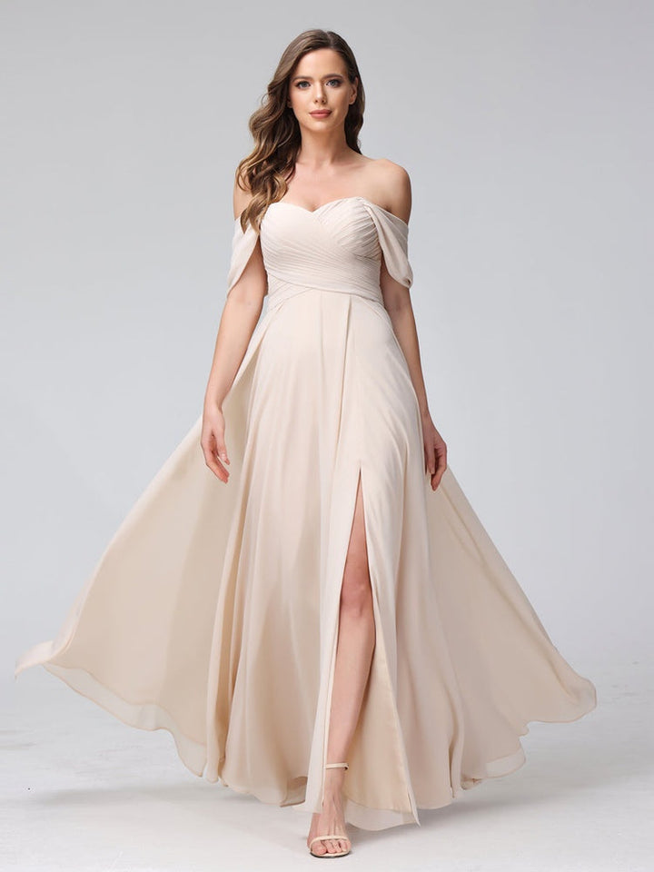 A-Line/Princess Off-the-Shoulder Sleeveless Floor-Length Bridemaid Dresses with Split Side & Ruched