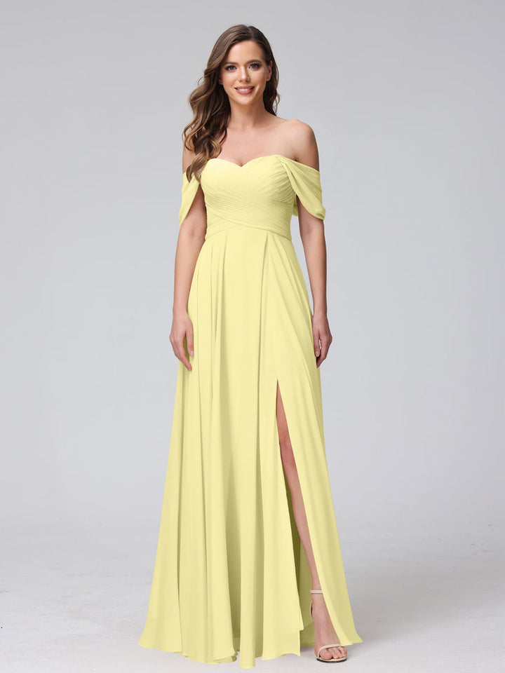 A-Line/Princess Off-the-Shoulder Sleeveless Floor-Length Bridemaid Dresses with Split Side & Ruched