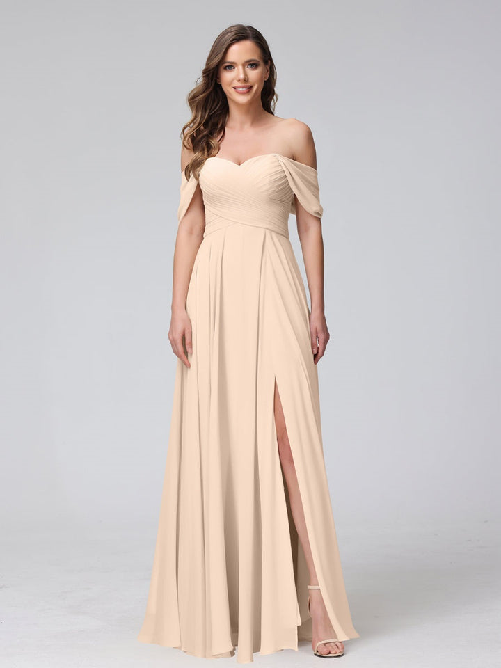 A-Line/Princess Off-the-Shoulder Sleeveless Floor-Length Bridemaid Dresses with Split Side & Ruched