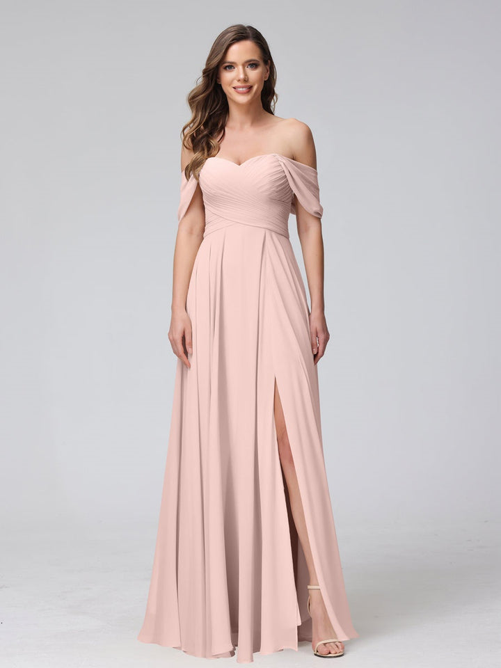 A-Line/Princess Off-the-Shoulder Sleeveless Floor-Length Bridemaid Dresses with Split Side & Ruched