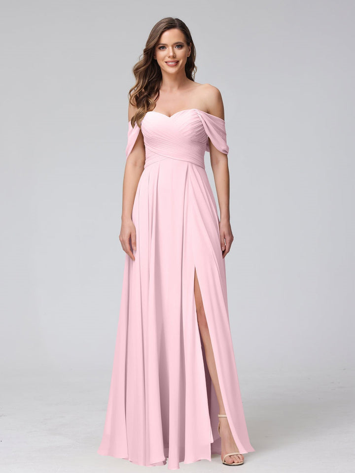 A-Line/Princess Off-the-Shoulder Sleeveless Floor-Length Bridemaid Dresses with Split Side & Ruched