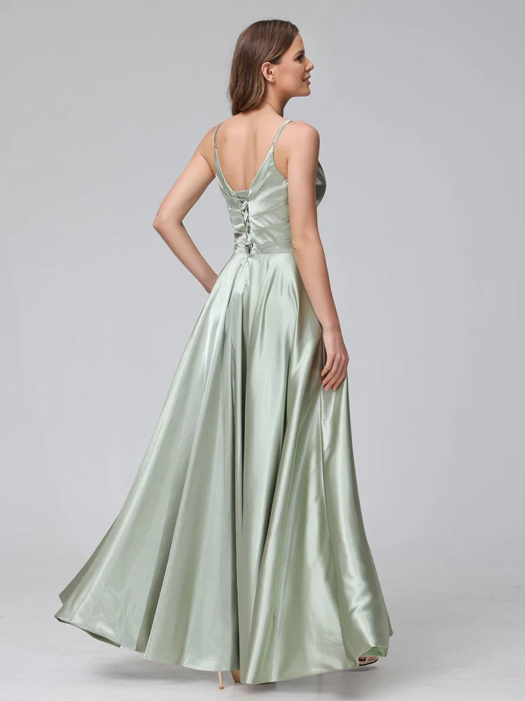 A-Line/Princess V-Neck Sleeveless Ankle-Length Silk Satin Bridemaid Dresses with Pockets & Split Side