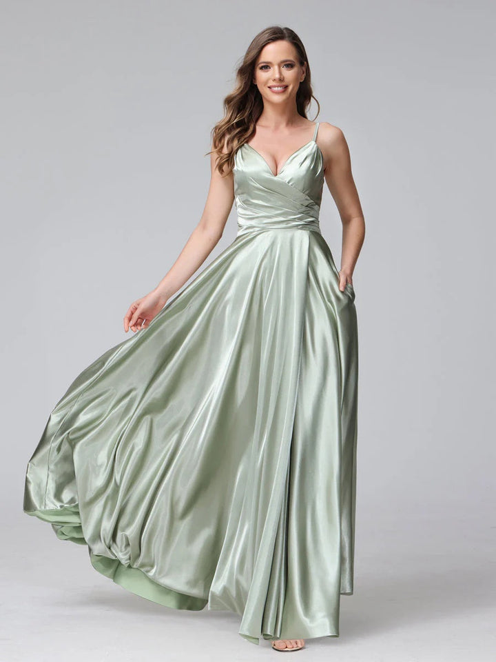 A-Line/Princess V-Neck Sleeveless Ankle-Length Silk Satin Bridemaid Dresses with Pockets & Split Side