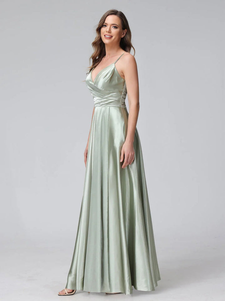 A-Line/Princess V-Neck Sleeveless Ankle-Length Silk Satin Bridemaid Dresses with Pockets & Split Side