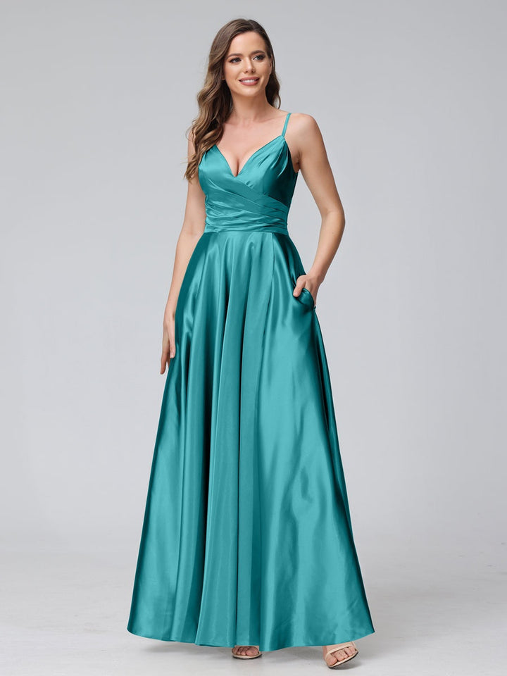 A-Line/Princess V-Neck Sleeveless Ankle-Length Silk Satin Bridemaid Dresses with Pockets & Split Side