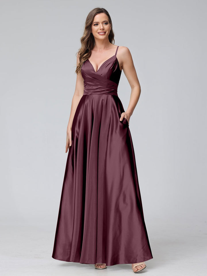 A-Line/Princess V-Neck Sleeveless Ankle-Length Silk Satin Bridemaid Dresses with Pockets & Split Side