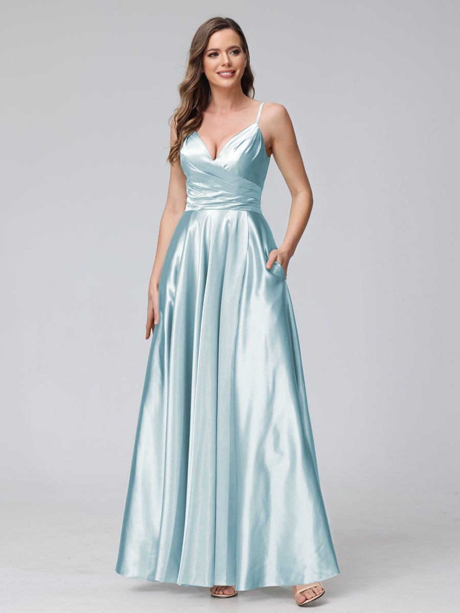 A-Line/Princess V-Neck Sleeveless Ankle-Length Silk Satin Bridemaid Dresses with Pockets & Split Side