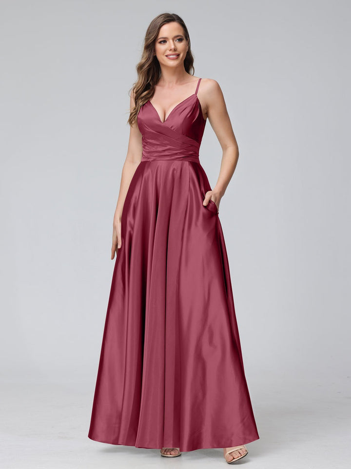 A-Line/Princess V-Neck Sleeveless Ankle-Length Silk Satin Bridemaid Dresses with Pockets & Split Side