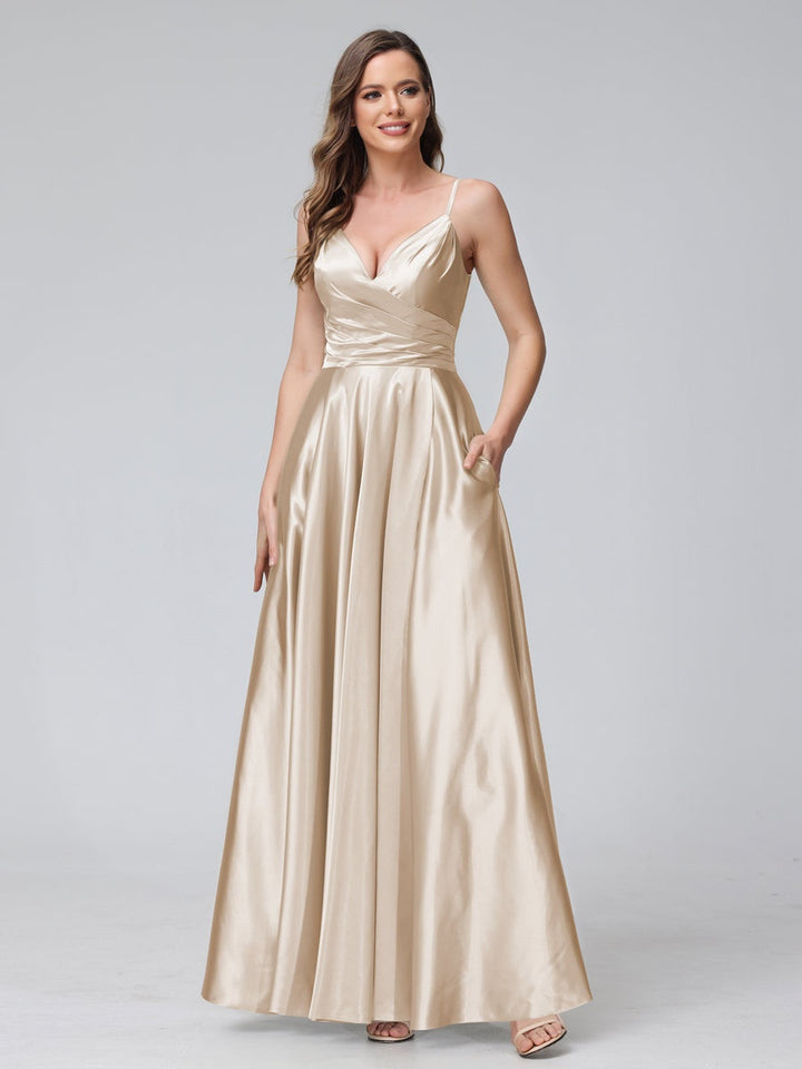 A-Line/Princess V-Neck Sleeveless Ankle-Length Silk Satin Bridemaid Dresses with Pockets & Split Side