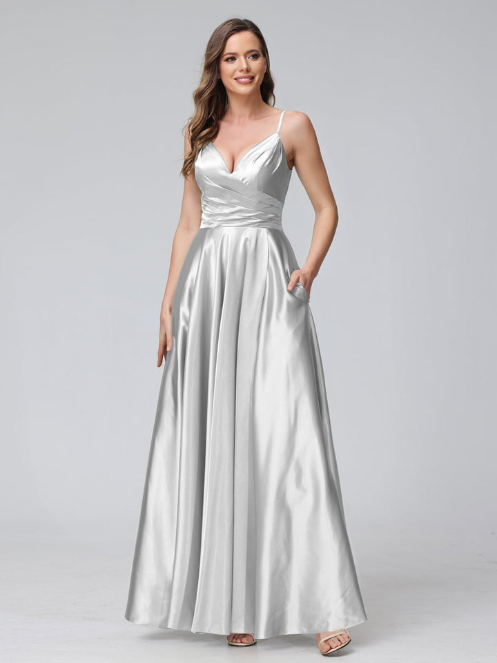 A-Line/Princess V-Neck Sleeveless Ankle-Length Silk Satin Bridemaid Dresses with Pockets & Split Side