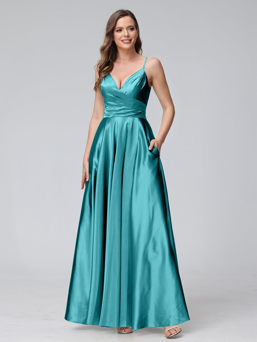 A-Line/Princess V-Neck Sleeveless Ankle-Length Silk Satin Bridemaid Dresses with Pockets & Split Side