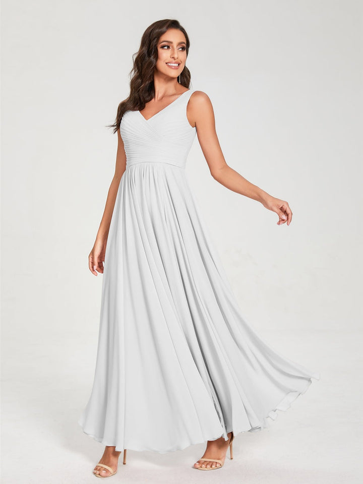 A-Line/Princess Chiffon V-Neck Sleeveless Floor-Length Bridemaid Dresses With Pleats