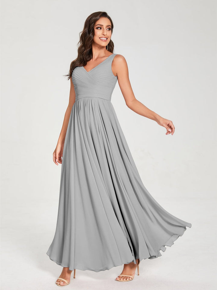 A-Line/Princess Chiffon V-Neck Sleeveless Floor-Length Bridemaid Dresses With Pleats