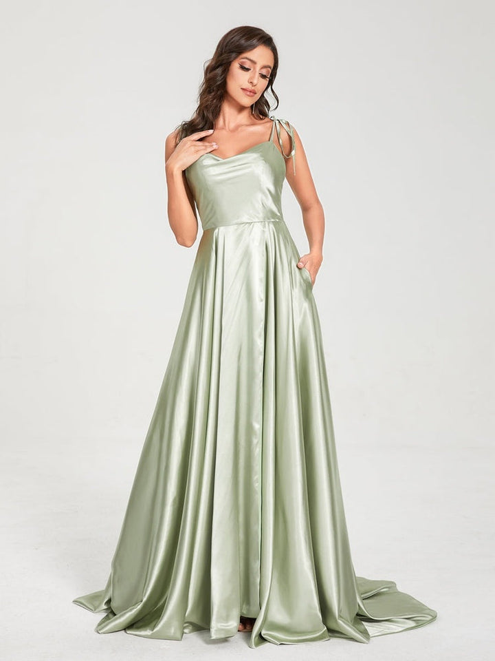 A-Line/Princess Spaghetti Straps Sleeveless Floor-Length Bridemaid Dresses with Split Side