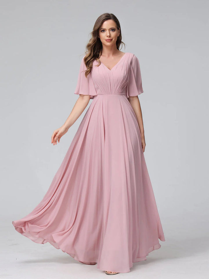 A-Line/Princess V-Neck Half Sleeves Floor-Length Bridemaid Dresses With Ruffles & Pockets