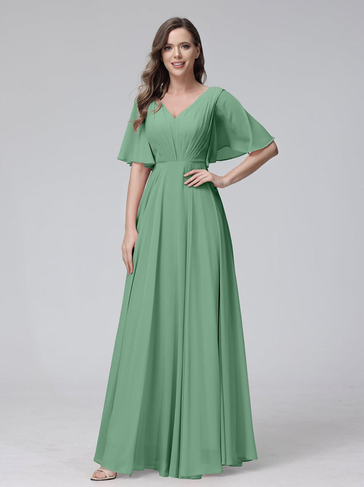 A-Line/Princess V-Neck Half Sleeves Floor-Length Bridemaid Dresses With Ruffles & Pockets