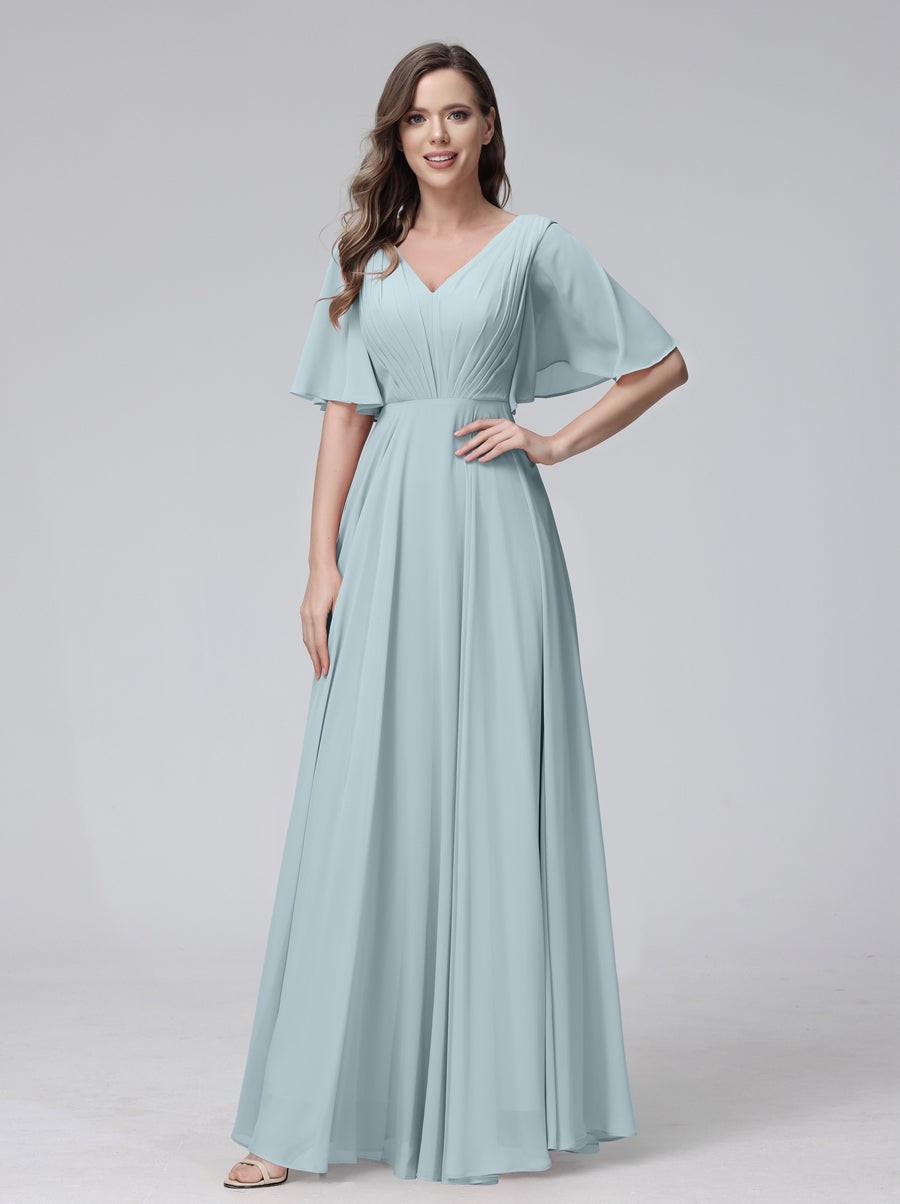 A-Line/Princess V-Neck Half Sleeves Floor-Length Bridemaid Dresses With Ruffles & Pockets